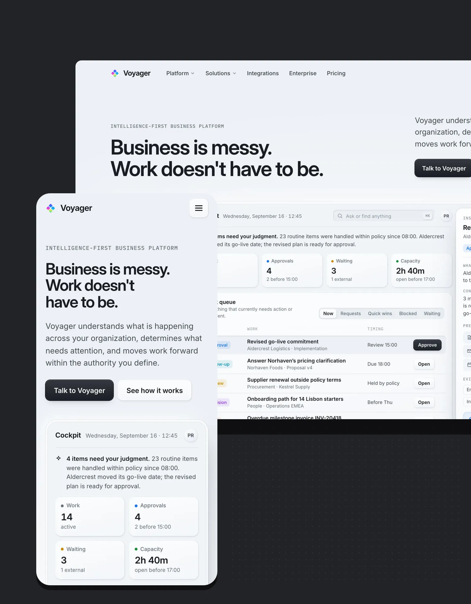 Voyager website on desktop and mobile: the homepage headline "Business is messy. Work doesn't have to be." above the product cockpit.