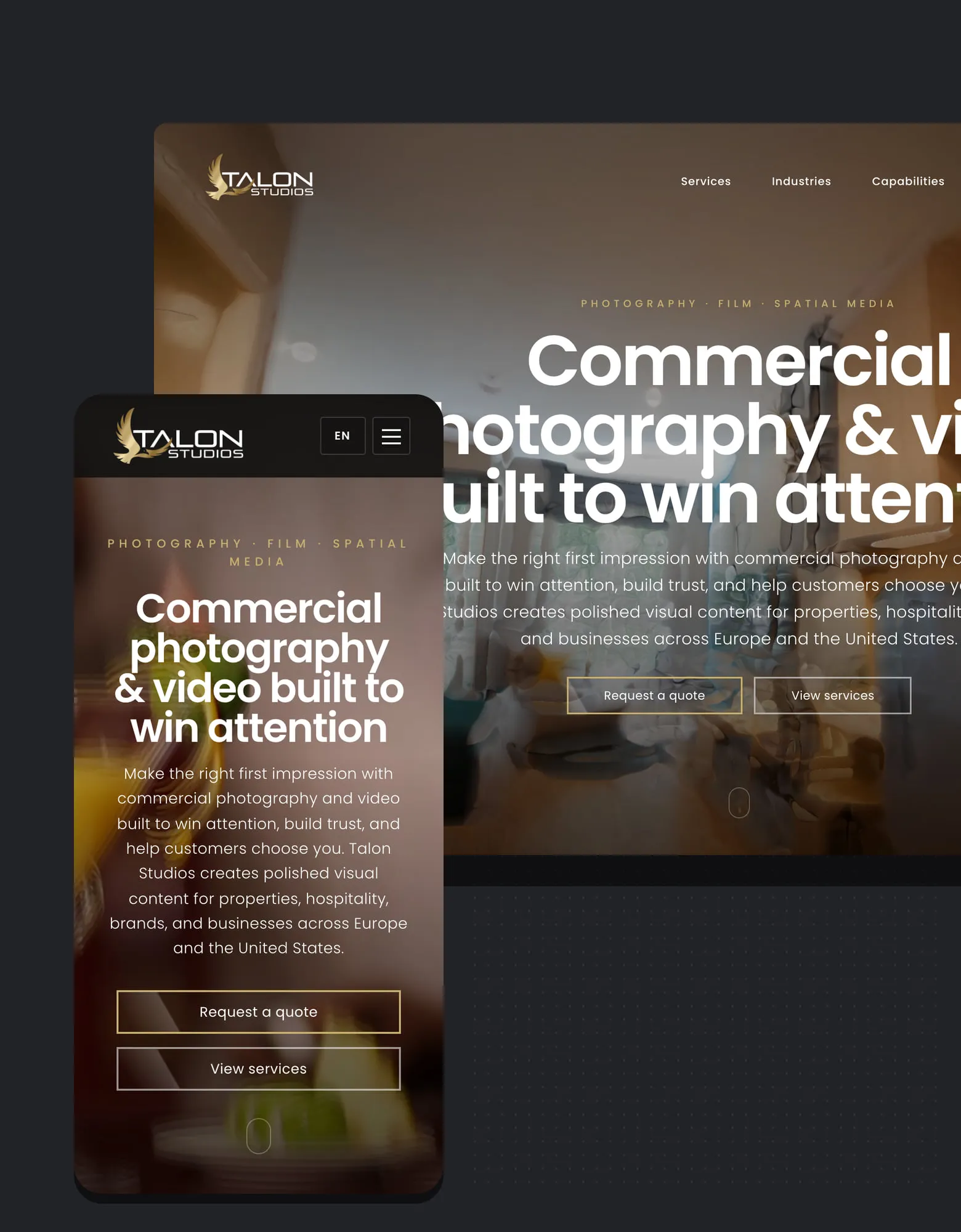 Talon Studios website on desktop and mobile with the headline "Commercial photography & video built to win attention" over the studio film.