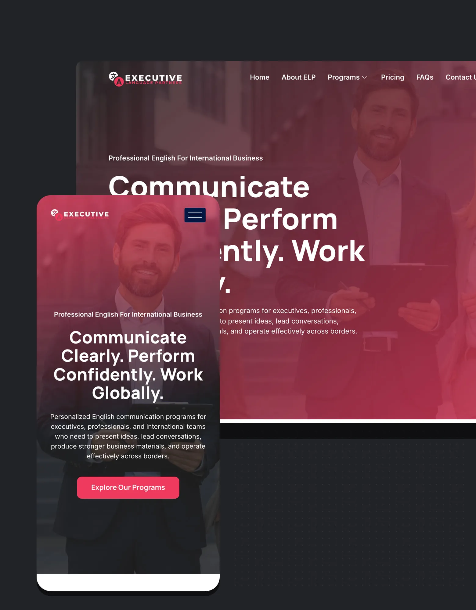 Executive Language Partners website on desktop and mobile with the headline "Communicate Clearly. Perform Confidently. Work Globally."