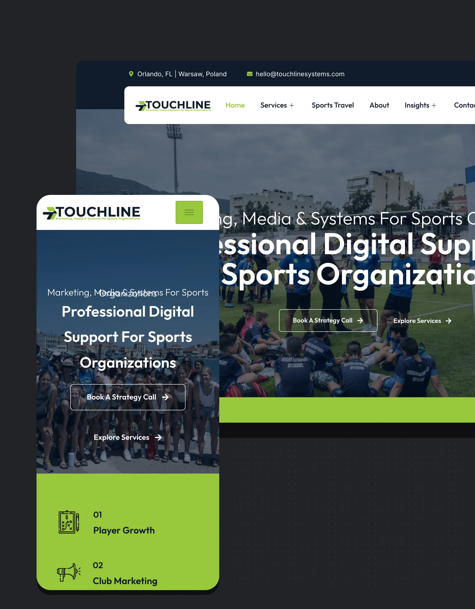 Touchline Systems website on desktop and mobile, with the headline "Professional Digital Support for Sports Organizations" over youth football imagery.