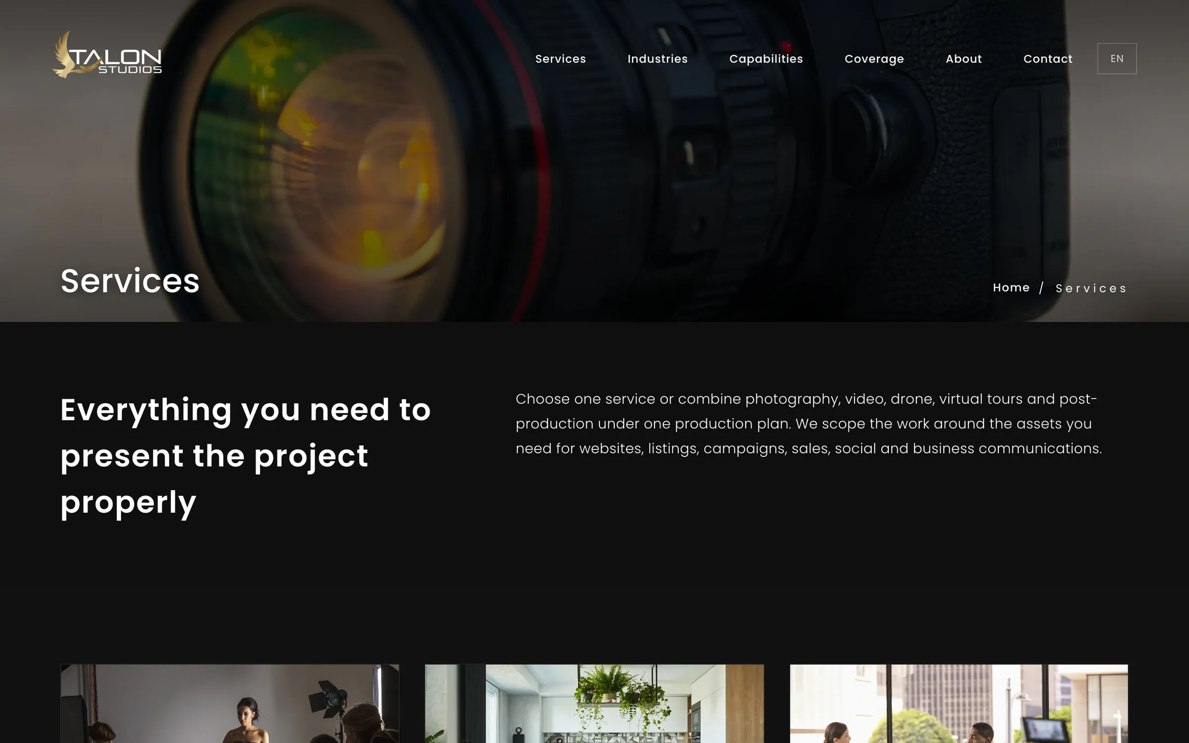 Talon Studios services overview page.