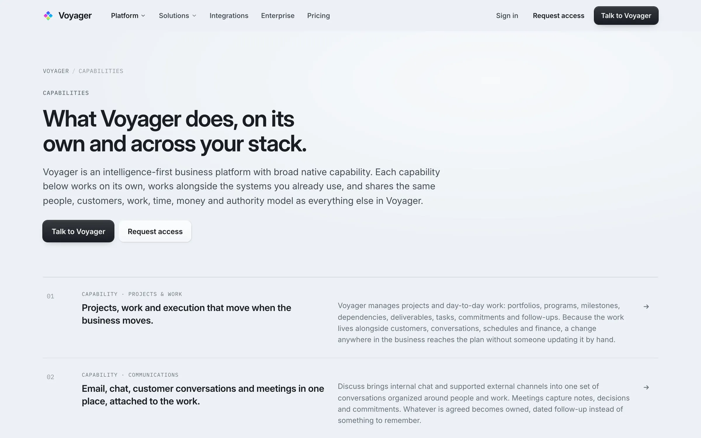 Voyager capabilities index describing what the platform does on its own and across an existing stack.
