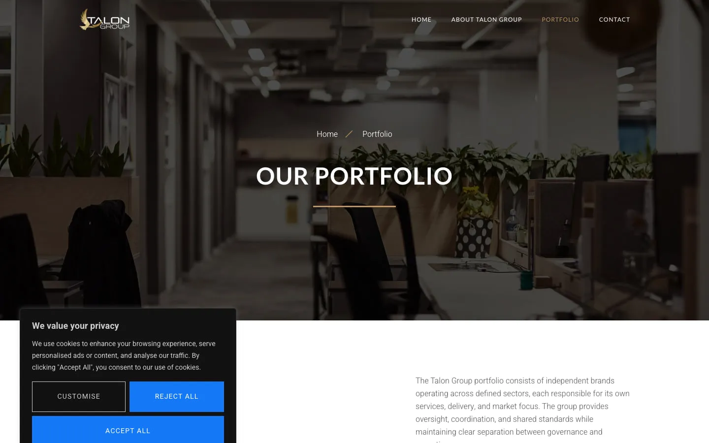 Talon Group corporate website content page.