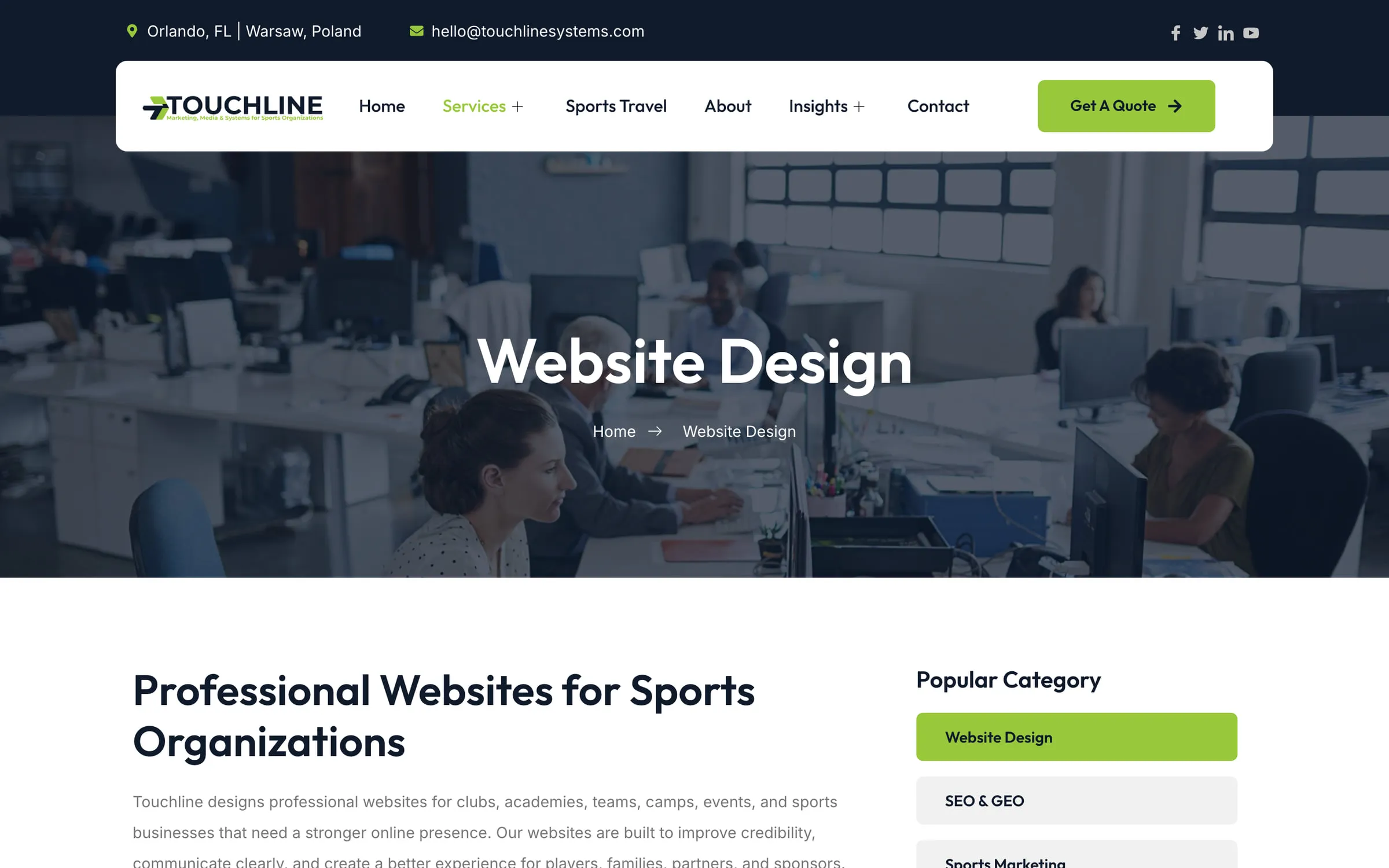 Touchline Systems website design service page for sports organizations.