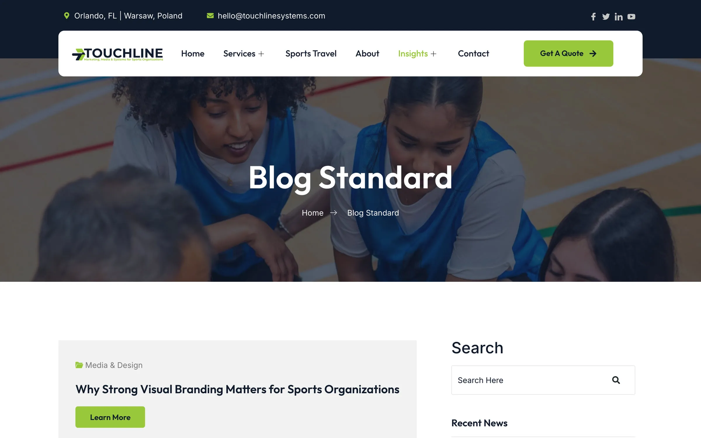 Touchline Systems insights hub listing sports marketing articles.