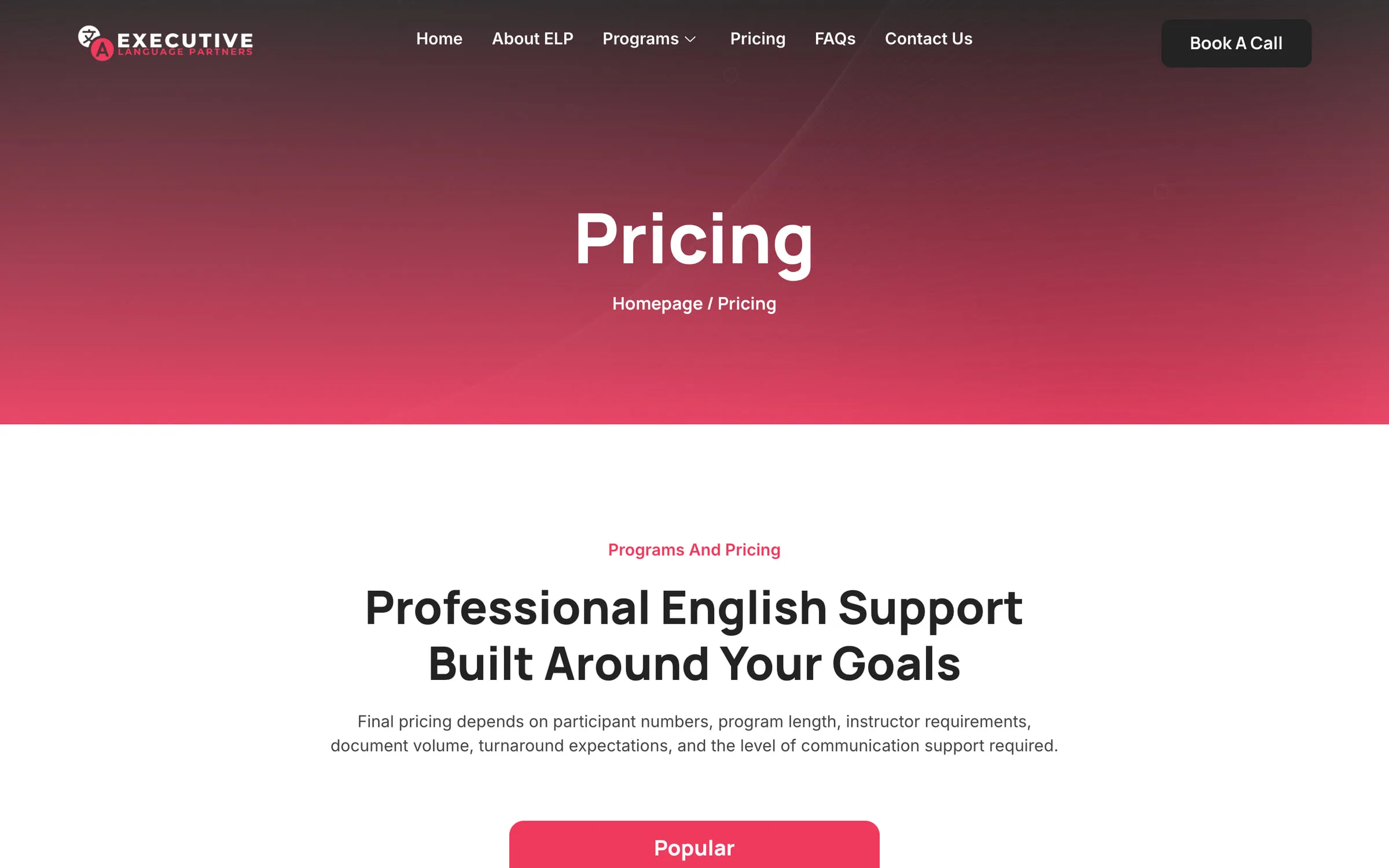 Executive Language Partners pricing page introducing professional English support built around client goals.