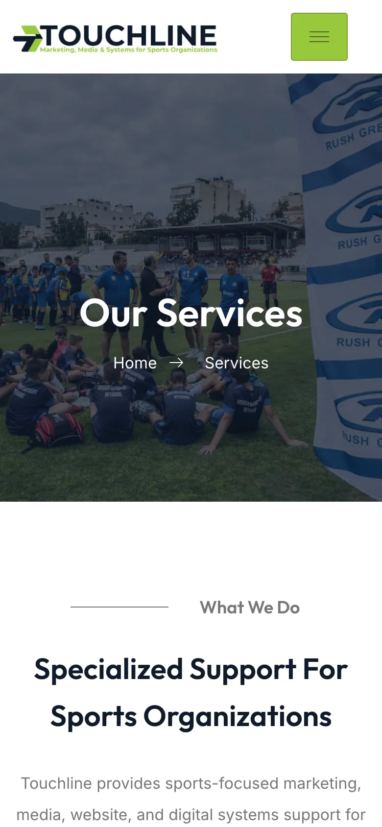 Touchline Systems services page on a phone.