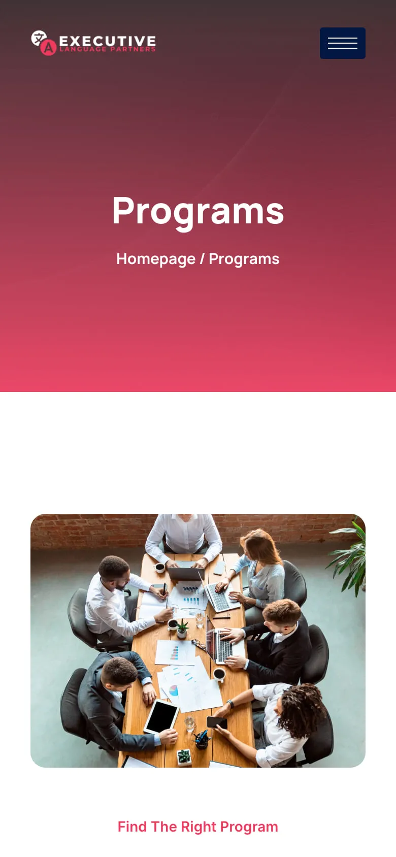 Executive Language Partners programs page on a phone.