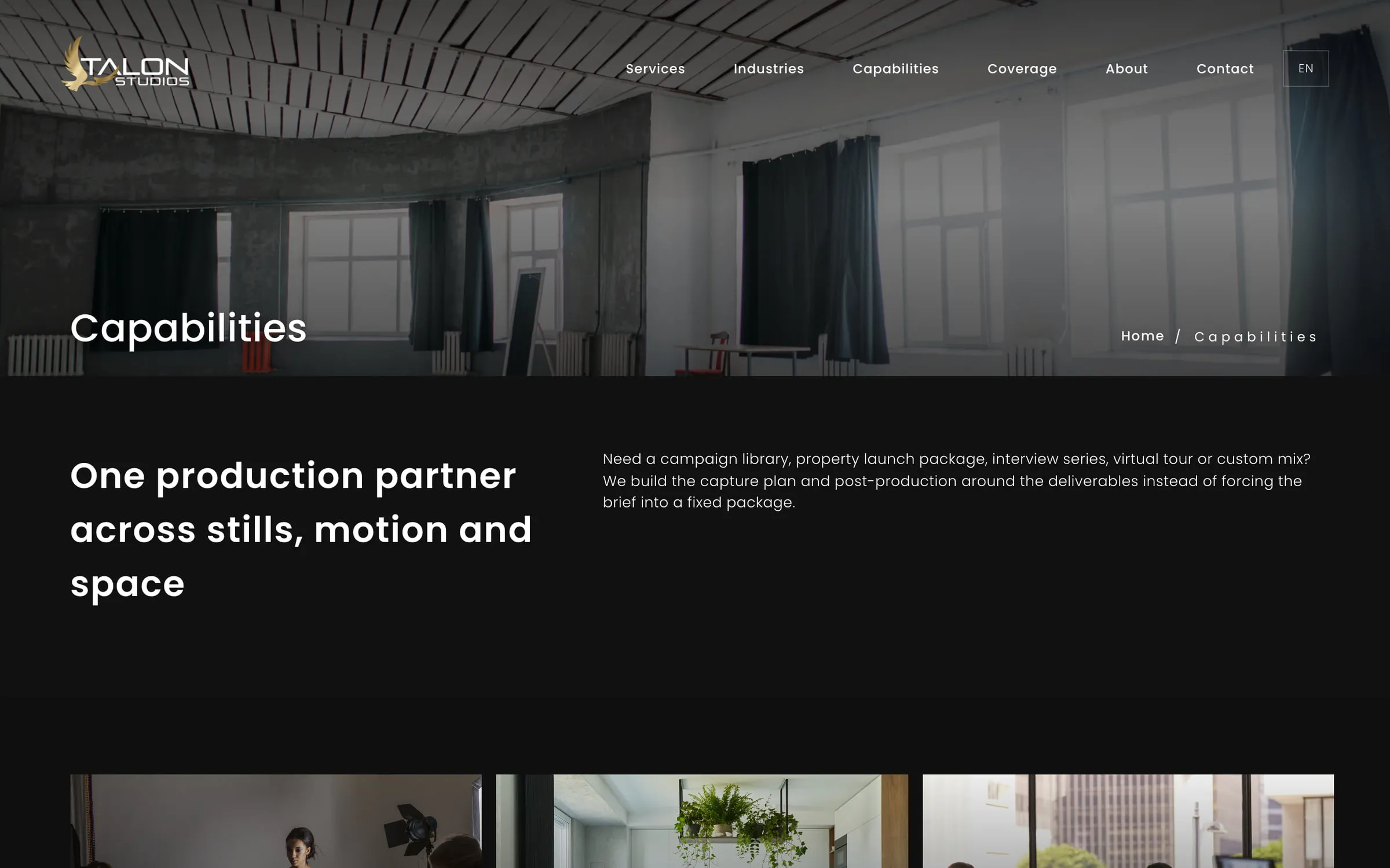 Talon Studios capabilities page describing one production partner across stills, motion and space.