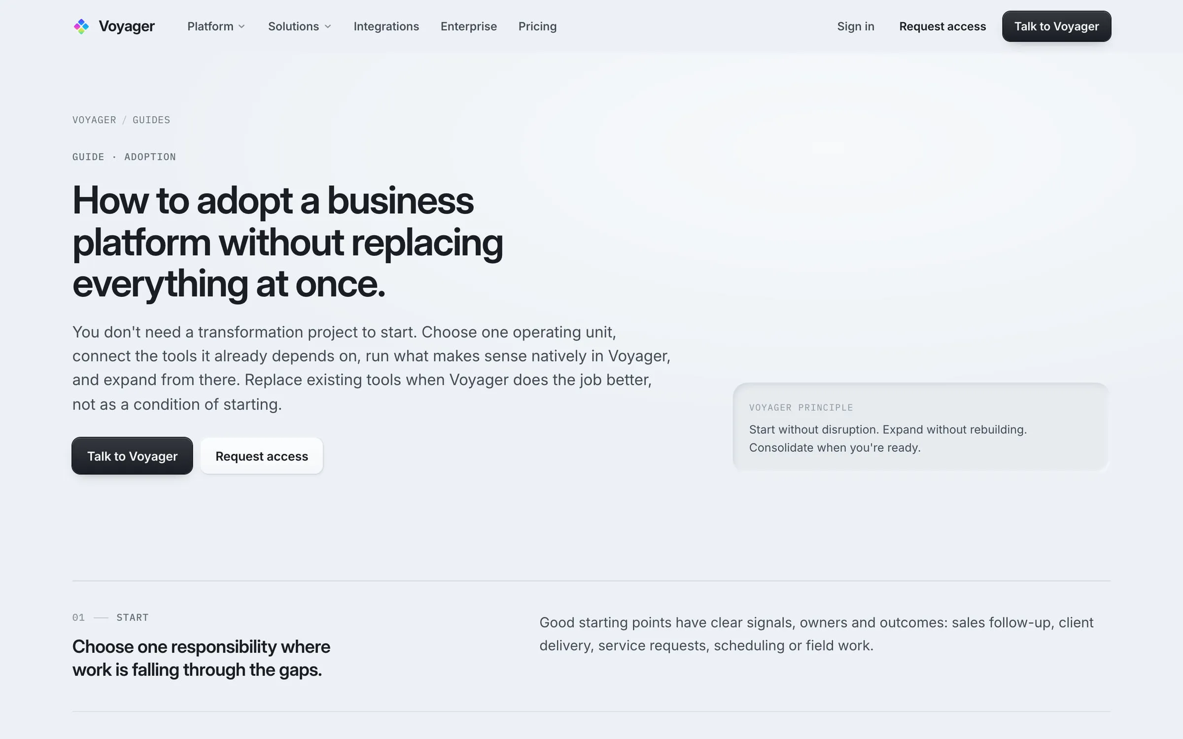 Voyager guide on adopting a business platform without replacing existing tools at once.
