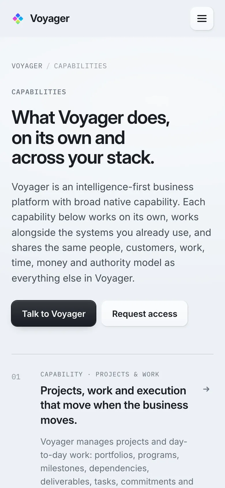 Voyager capabilities page on a phone.