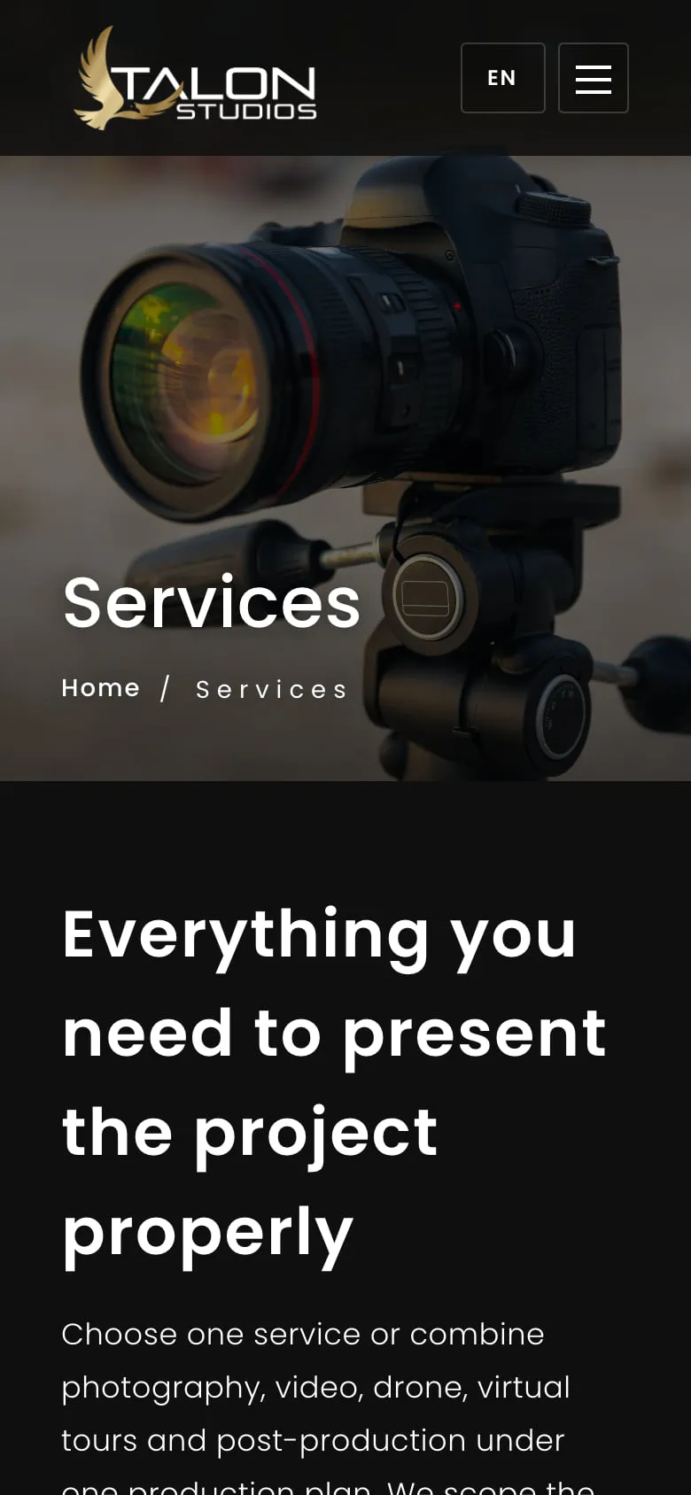 Talon Studios services page on a phone.