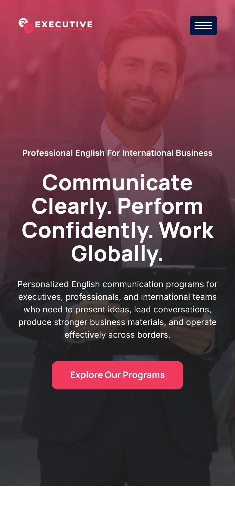 Executive Language Partners homepage on a phone.