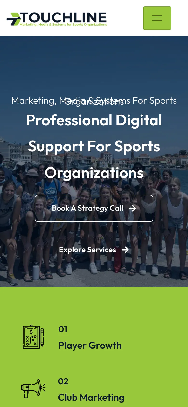 Touchline Systems homepage on a phone.