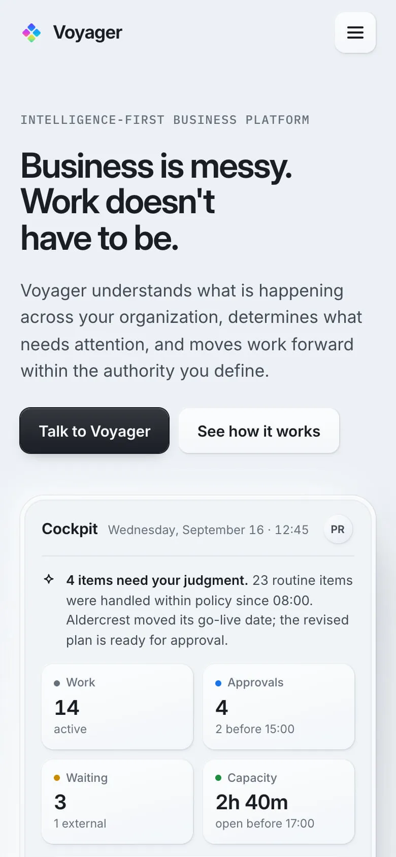 Voyager homepage on a phone, with the cockpit summary cards stacked below the headline.