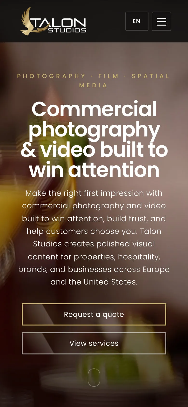 Talon Studios homepage on a phone.
