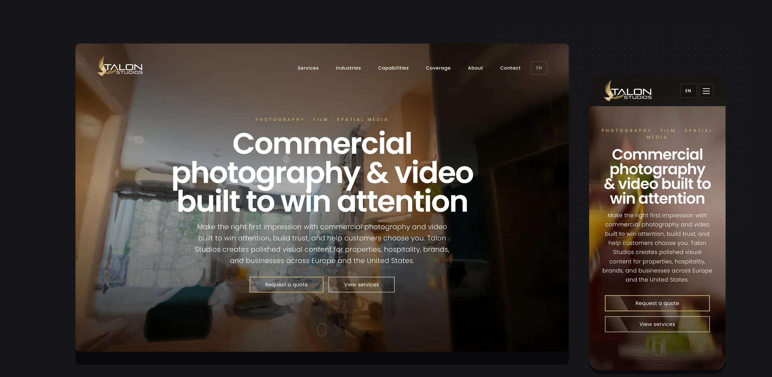 Talon Studios homepage on desktop and mobile with the commercial photography and film hero.