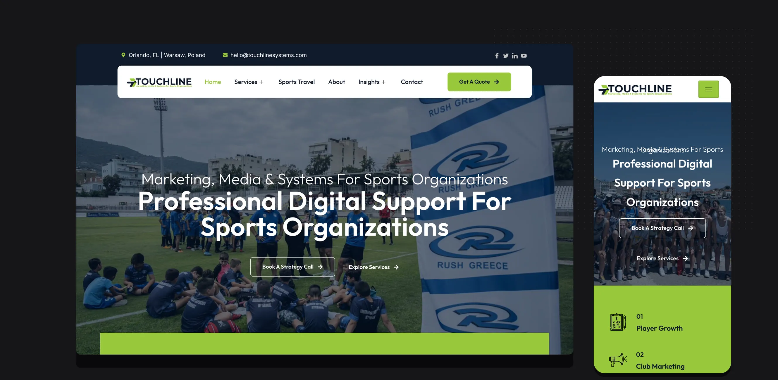 Touchline Systems homepage on desktop and mobile, showing the sports hero photograph and service navigation.