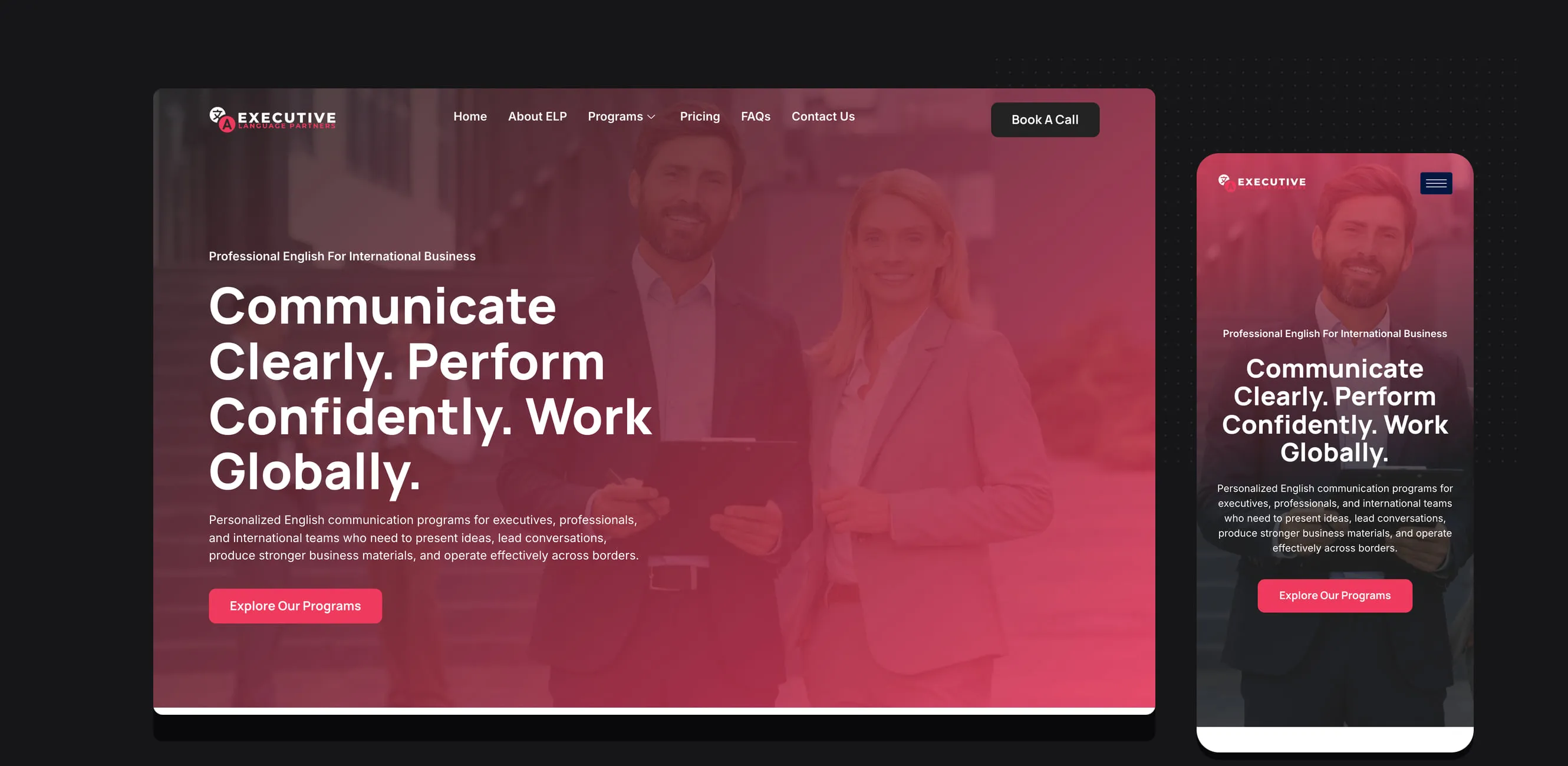 Executive Language Partners homepage on desktop and mobile, crimson hero with professional photography.