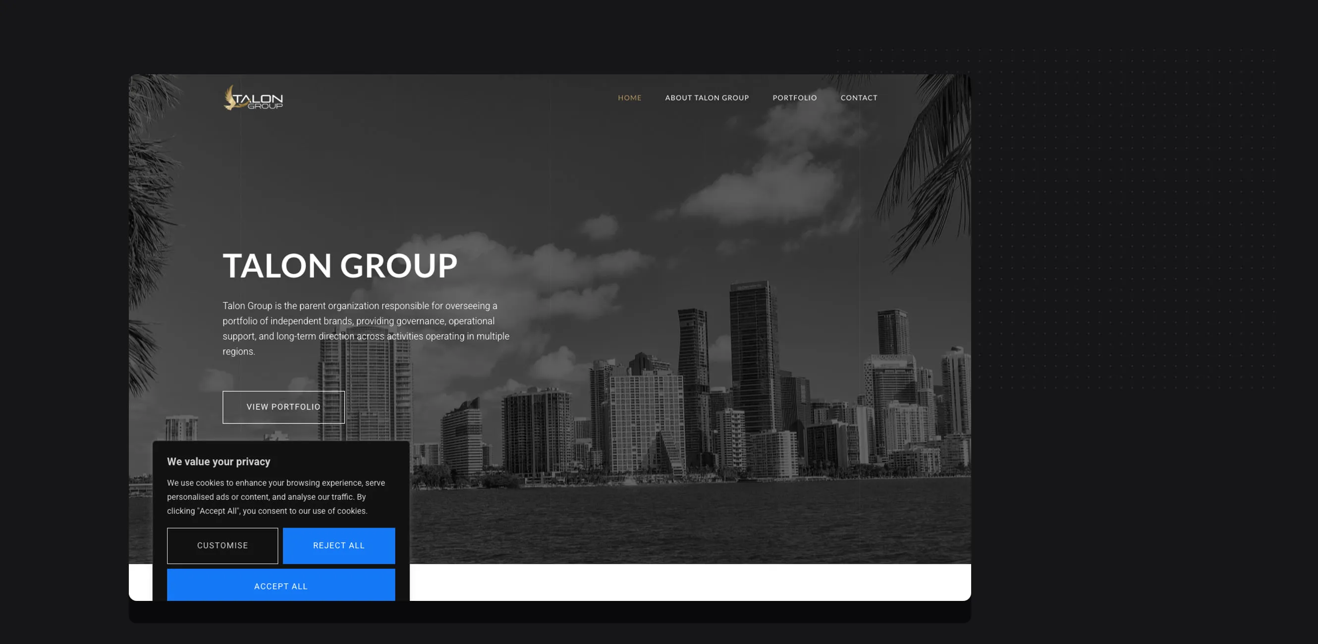 Talon Group corporate website homepage on desktop.